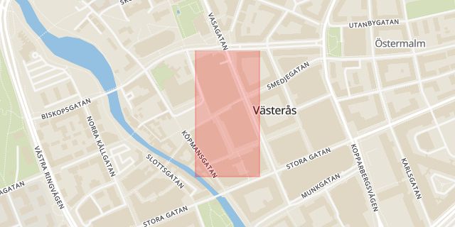 Karta som med röd fyrkant ramar in Smedjegatan, Matstället, Västerås, Västmanlands län
