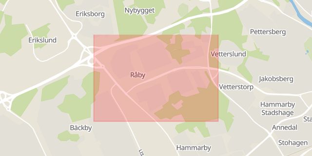 Karta som med röd fyrkant ramar in Råby, Petterslund, Västerås, Västmanlands län