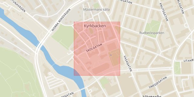 Karta som med röd fyrkant ramar in Skolgatan, Västerås, Västmanlands län