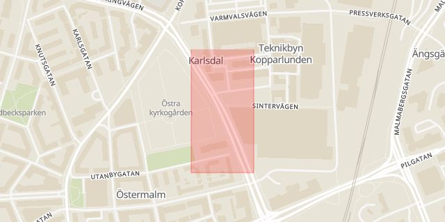 Karta som med röd fyrkant ramar in Kopparlunden, Västerås, Västmanlands län