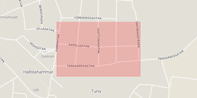 Karta som med röd fyrkant ramar in Kapellgatan, Hallstahammar, Västmanlands län