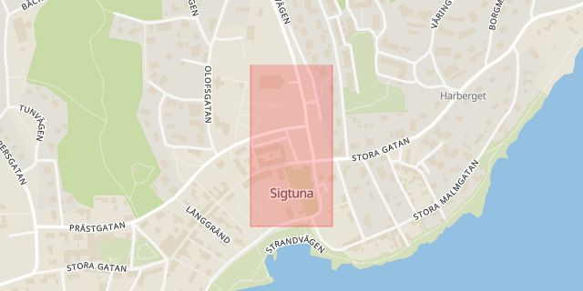 Karta som med röd fyrkant ramar in Busstorget, Sigtuna, Stockholms län