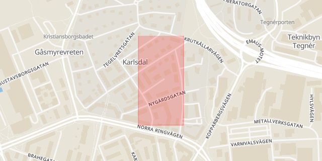 Karta som med röd fyrkant ramar in Fogdegatan, Västerås, Västmanlands län