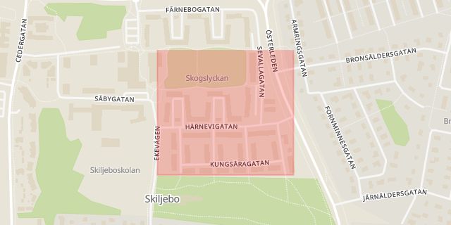 Karta som med röd fyrkant ramar in Härnevigatan, Västerås, Västmanlands län