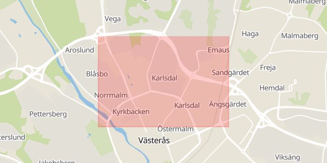 Karta som med röd fyrkant ramar in Karlsdal, Västerås, Västmanlands län