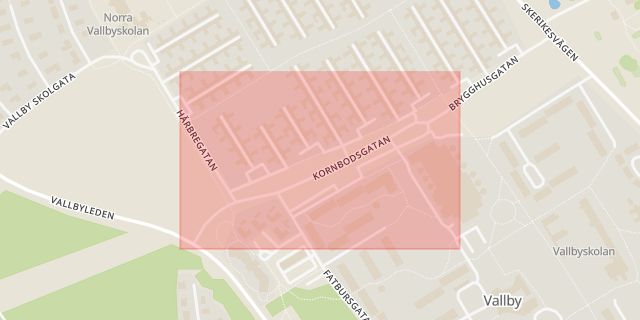 Karta som med röd fyrkant ramar in Kornbodsgatan, Västerås, Västmanlands län