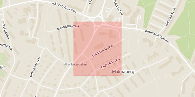 Karta som med röd fyrkant ramar in Släggargatan, Västerås, Västmanlands län