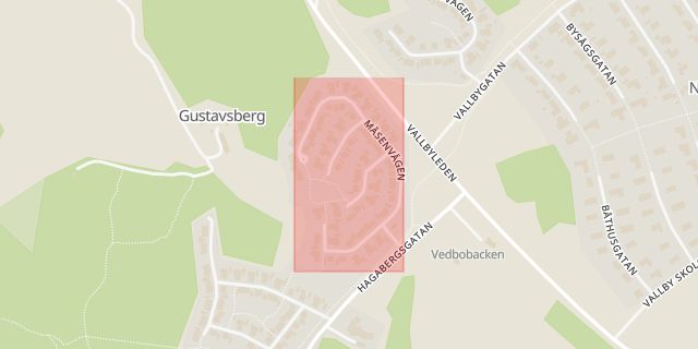 Karta som med röd fyrkant ramar in Mäsenvägen, Västerås, Västmanlands län