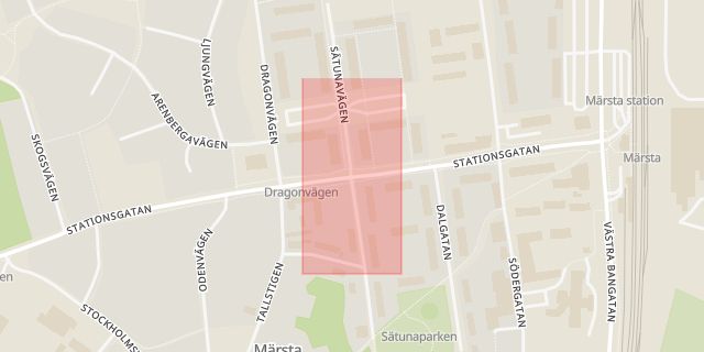 Karta som med röd fyrkant ramar in Stationsgatan, Sätunavägen, Märsta, Sigtuna, Stockholms län