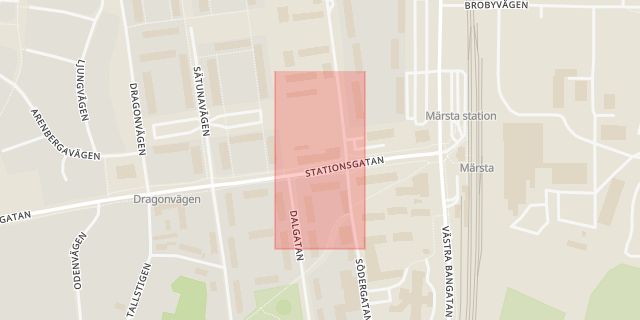 Karta som med röd fyrkant ramar in Stationsgatan, Märsta, Steninge Allé, Sigtuna, Stockholms län