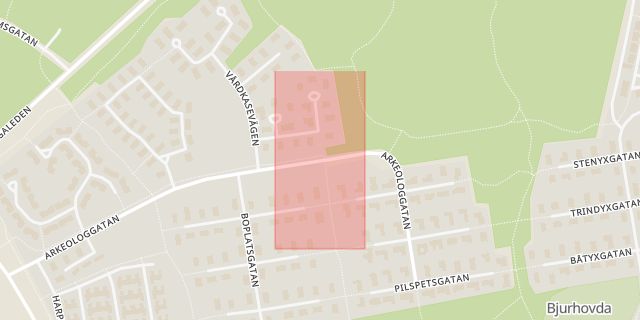Karta som med röd fyrkant ramar in Bjurhovda, Västerås, Västmanlands län