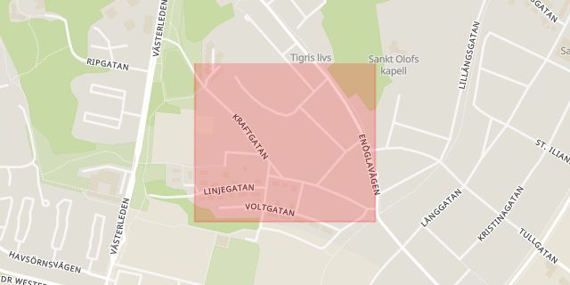 Karta som med röd fyrkant ramar in Kraftgatan, Enköping, Uppsala län