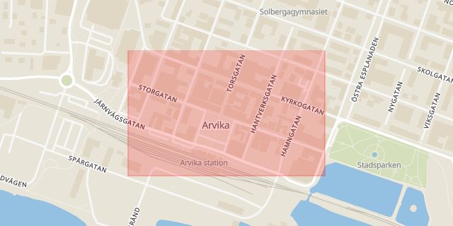 Karta som med röd fyrkant ramar in Östra Storgatan, Arvika, Värmlands län