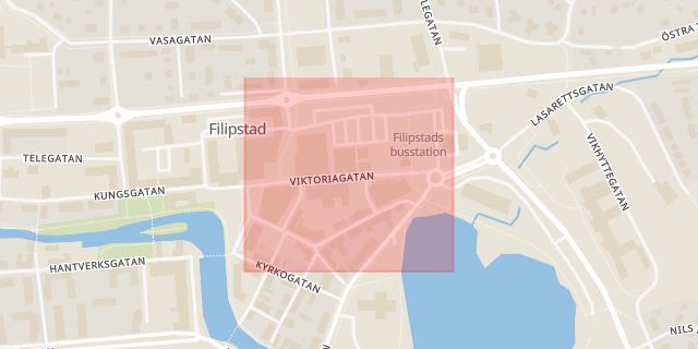 Karta som med röd fyrkant ramar in Viktoriagatan, Filipstad, Värmlands län