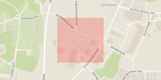 Karta som med röd fyrkant ramar in Regementsvägen, Norrtälje, Stockholms län