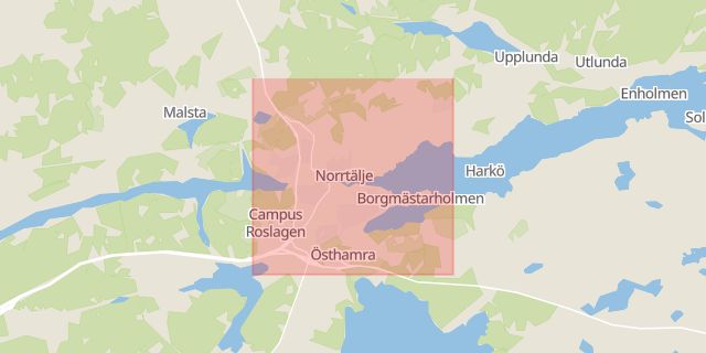 Karta som med röd fyrkant ramar in Norrtälje, Slussen, Åkeshov, Västra Skogen, Ropsten, Stockholms län