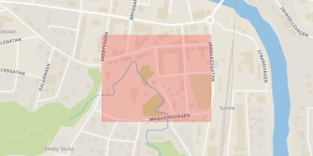 Karta som med röd fyrkant ramar in Kvarngatan, Sunne, Värmlands län