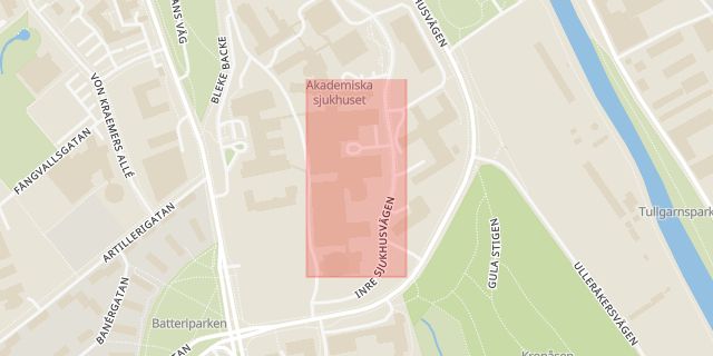 Karta som med röd fyrkant ramar in Akademiska Sjukhuset, Uppsala, Uppsala län