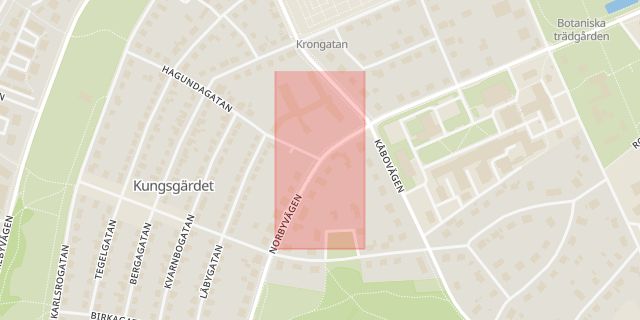Karta som med röd fyrkant ramar in Norbyvägen, Hagundagatan, Uppsala, Uppsala län