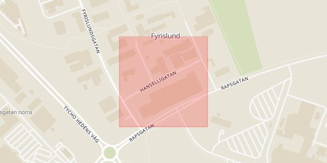 Karta som med röd fyrkant ramar in Hanselligatan, Uppsala, Uppsala län
