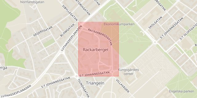 Karta som med röd fyrkant ramar in Rackarberget, Uppsala, Uppsala län