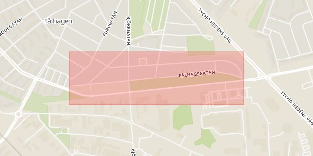 Karta som med röd fyrkant ramar in Fålhagsgatan, Tycho Hedéns Väg, Boländerna, Rapsgatan, Uppsala, Uppsala län