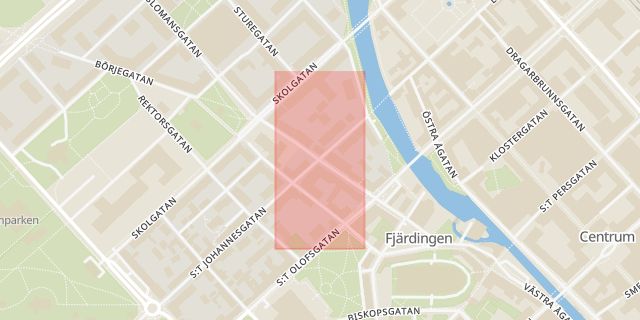 Karta som med röd fyrkant ramar in Sysslomansgatan, Johannesgatan, Uppsala, Uppsala län