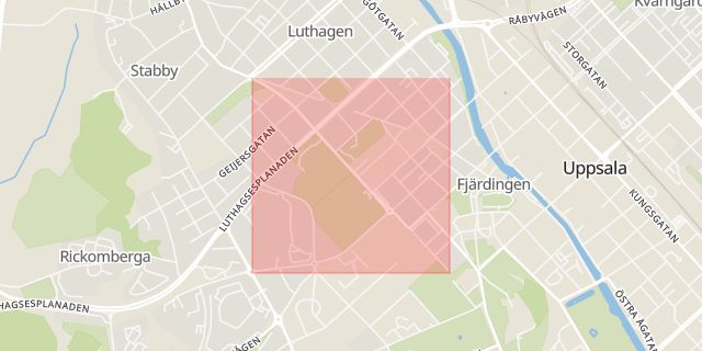 Karta som med röd fyrkant ramar in Kyrkogårdsgatan, Uppsala, Uppsala län