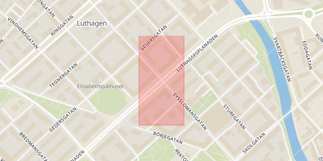 Karta som med röd fyrkant ramar in Stadsparken, Luthagsesplanaden, Sysslomansgatan, Uppsala, Uppsala län