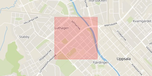 Karta som med röd fyrkant ramar in Luthagen, Sysslomansgatan, Uppsala, Uppsala län