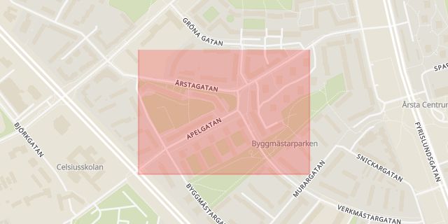Karta som med röd fyrkant ramar in Apelgatan, Uppsala, Uppsala län