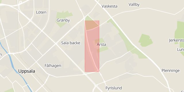 Karta som med röd fyrkant ramar in Fyrislundsgatan, Årsta, Uppsala, Uppsala län