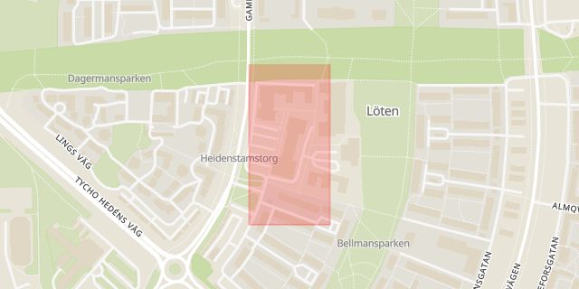 Karta som med röd fyrkant ramar in Auroragatan, Heidenstams Torg, Uppsala, Uppsala län