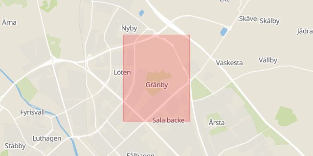 Karta som med röd fyrkant ramar in Gränby, Uppsala län
