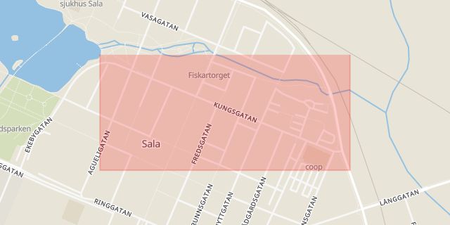Karta som med röd fyrkant ramar in Kungsgatan, Sala, Västmanlands län