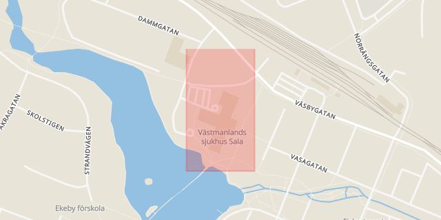Karta som med röd fyrkant ramar in Lasarettsgatan, Sala, Västmanlands län