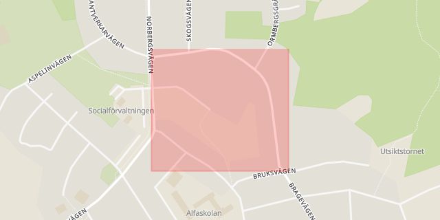 Karta som med röd fyrkant ramar in Forsbackavägen, Fagersta, Västmanlands län