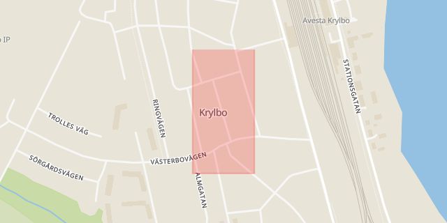 Karta som med röd fyrkant ramar in Kärrgatan, Krylbo, Avesta, Dalarnas län