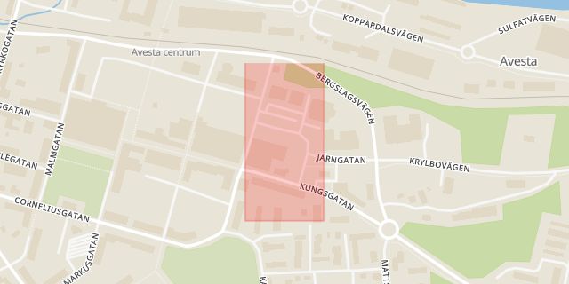 Karta som med röd fyrkant ramar in Myntgatan, Avesta, Dalarnas län