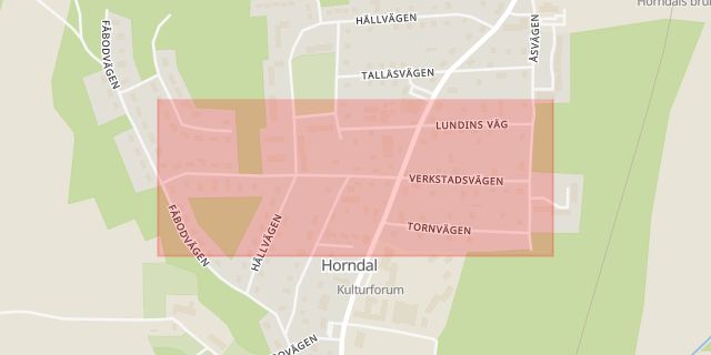 Karta som med röd fyrkant ramar in Verkstadsvägen, Horndal, Avesta, Dalarnas län