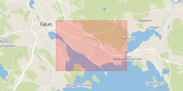 Karta som med röd fyrkant ramar in Falun, Hälsinggården, Leksand, Bäckebo, Borlänge, Dalarnas län