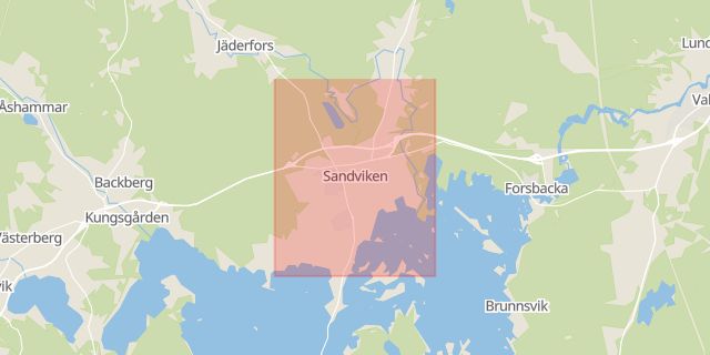 Karta som med röd fyrkant ramar in Vallhov, Järnvägen, Fredriksgatan, Sandviken, Gävleborgs län
