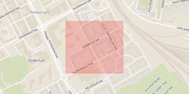 Karta som med röd fyrkant ramar in Sörbygatan, Gävle, Gävleborgs län