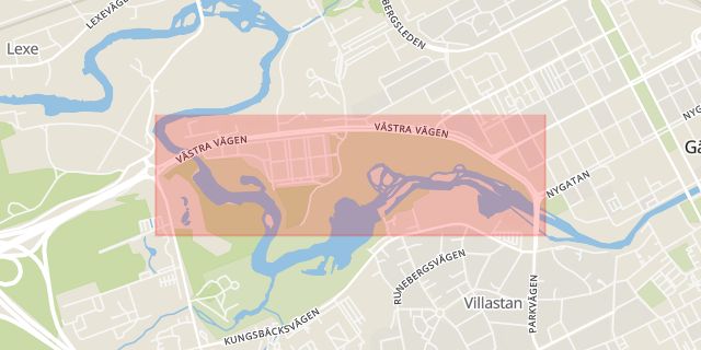 Karta som med röd fyrkant ramar in Västra Vägen, Gävle, Gävleborgs län