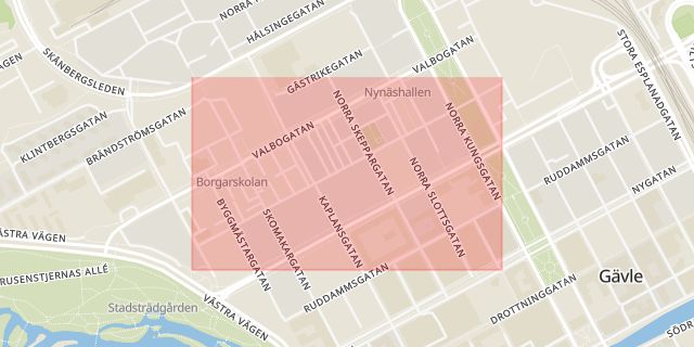 Karta som med röd fyrkant ramar in Hantverksgatan, Gävle, Gävleborgs län