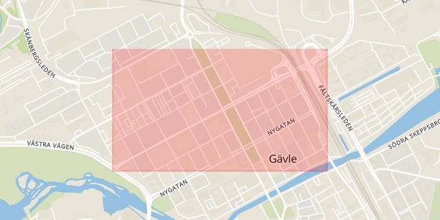 Karta som med röd fyrkant ramar in Staketgatan, Gävle, Gävleborgs län