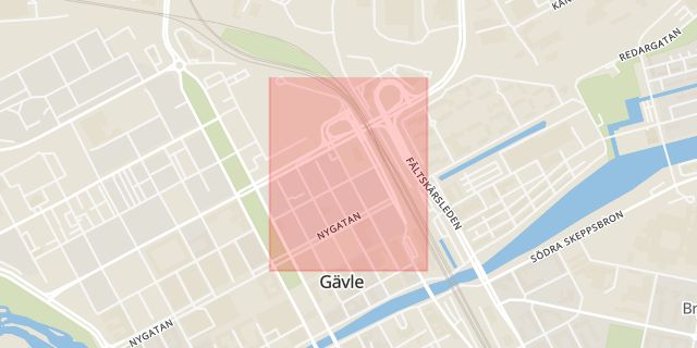 Karta som med röd fyrkant ramar in Stora Esplanadgatan, Gävle, Gävleborgs län