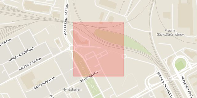 Karta som med röd fyrkant ramar in Norra Gatan, Gävle, Gävleborgs län