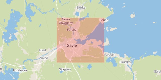 Karta som med röd fyrkant ramar in Gävle, Gävleborgs län