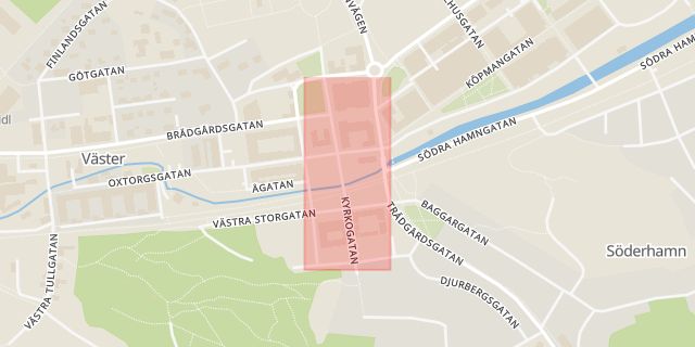 Karta som med röd fyrkant ramar in Kyrkogatan, Söderhamn, Gävleborgs län
